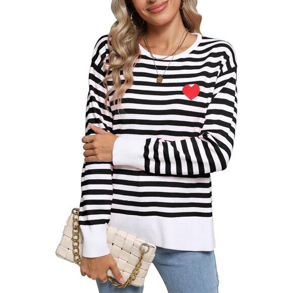 Sweaters - Womens Striped Sweater Long Sleeve Crew Neck Heart Pattern Casual Wear